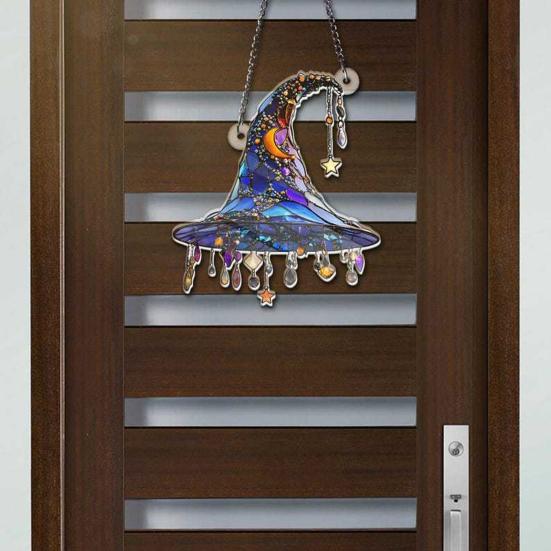 Witch Hat Sun Catcher 2D Acrylic Halloween Decoration Stained Glass Style Witch Hat Hanging Ornament for Window Wall Door