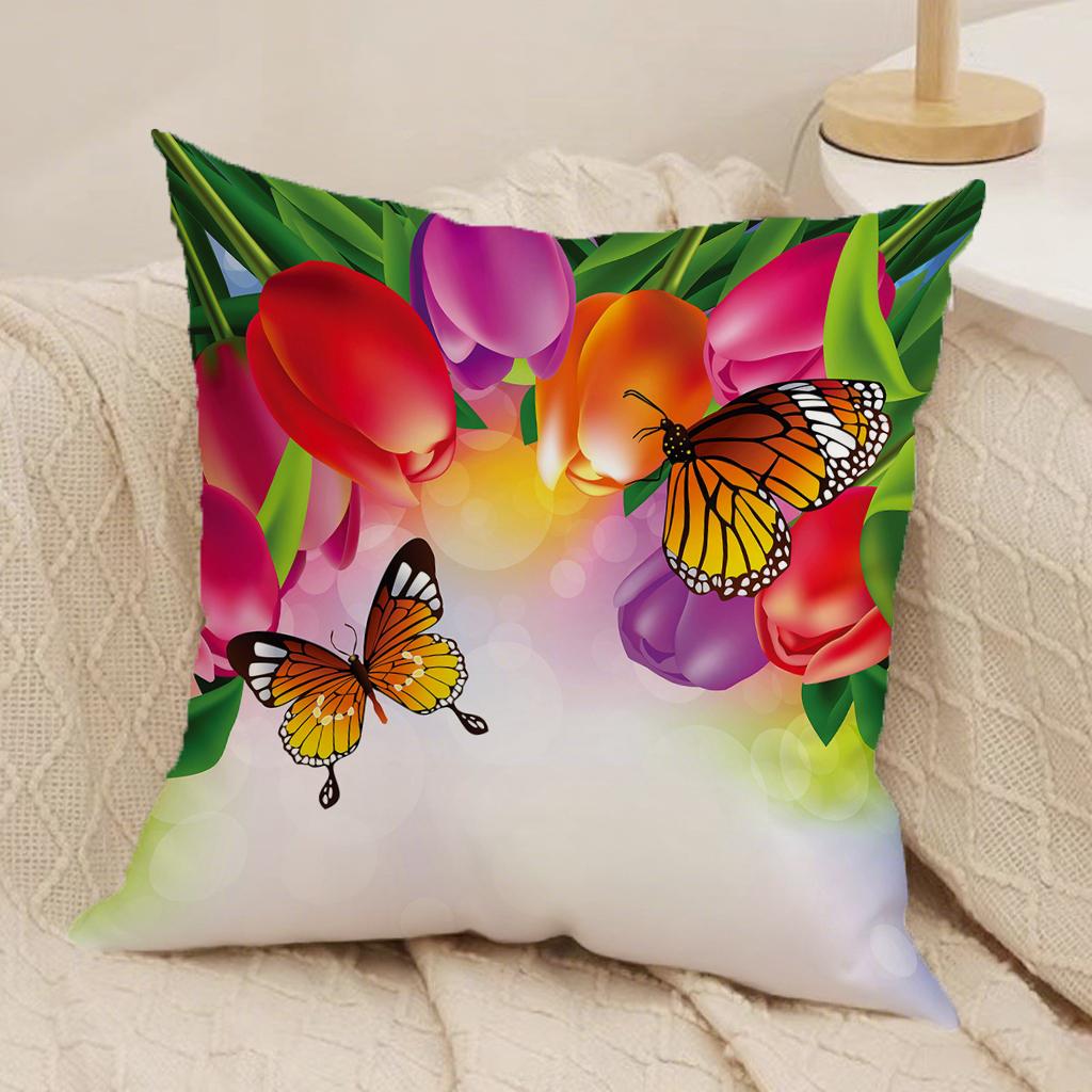 4Pc Colorful Tulip & Butterfly Pillowcasessuitable For Sofa Car Bedroom Decorative Cushion Cover Pillow Cover