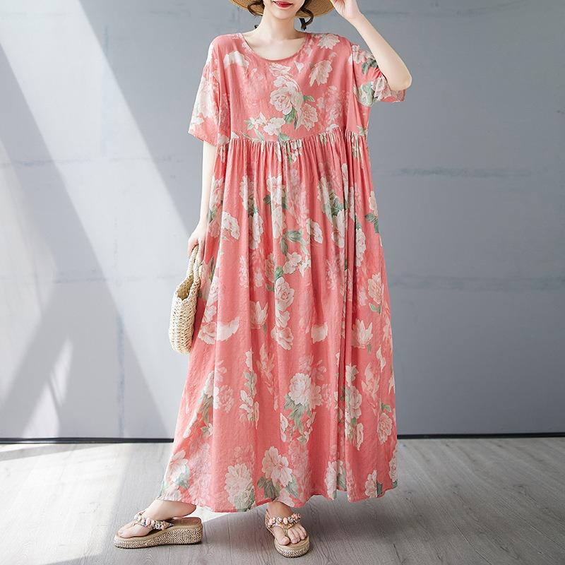 Летнее новое простое богемное длинное платье, расширенное и увеличенное, с короткими рукавами и круглым вырезом, с принтом, женская одежда