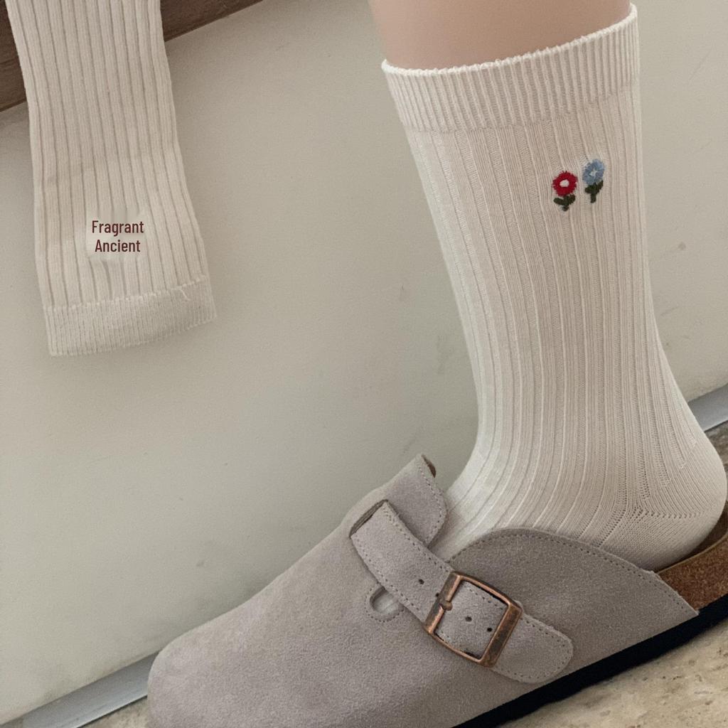 2025 Autumn Floral Embroidery Women's Mid-Calf Socks - Japanese Style, Solid Color