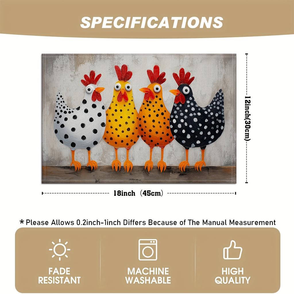 4/6pcs, Retro Cartoon Rooster Placemats, Cute Cartoon Style Polka Dot Rooster Linen Table Mats, Suitable for Holiday Kitchen Table Decor, Daily Use, P