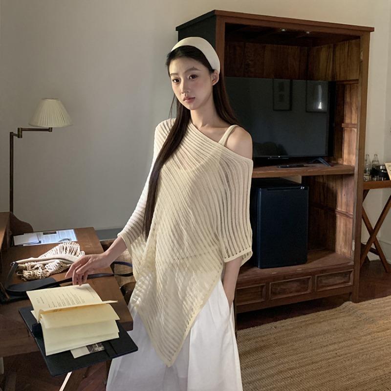 Летняя трикотажная солнцезащитная женская блузка с вырезом, прозрачный пуловер, свитер с рукавами «летучая мышь», шаль, свободный повседневный простой накидка, нестандартная длинная рубашка