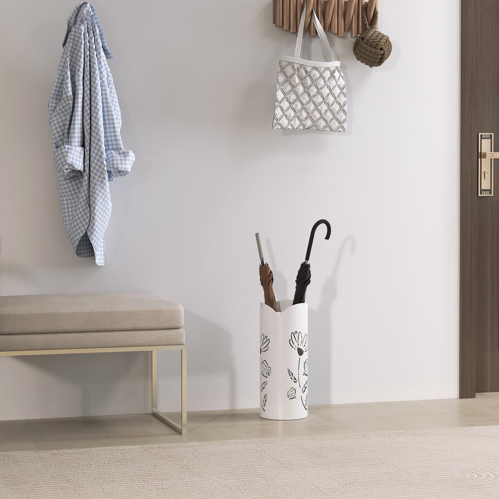 Steel Umbrella Stand With 4 Hooks And Removable Drip Tray Decorative Design 17x17x41 Cm White