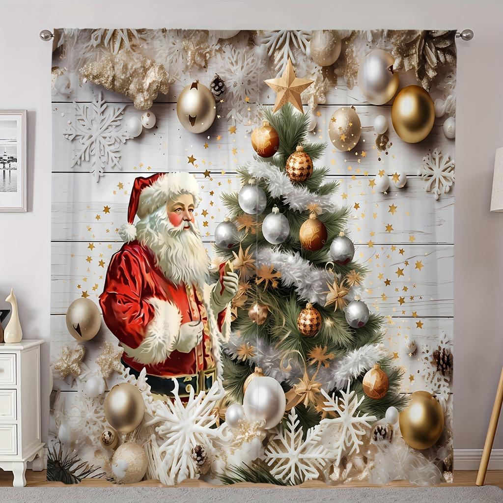 2 Elegant Classic Art Christmas Tree and Snowflake Design Rod Pocket Curtains for Home Decor In Living Room and Bedroom Window