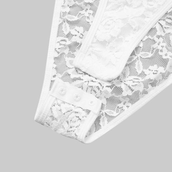 Women Bodysuit Flower Embroidery Lace Elastic Deep V Neck See-through Long Sleeve Solid Color Slim Fit Soft Breathable Spring Playsuit