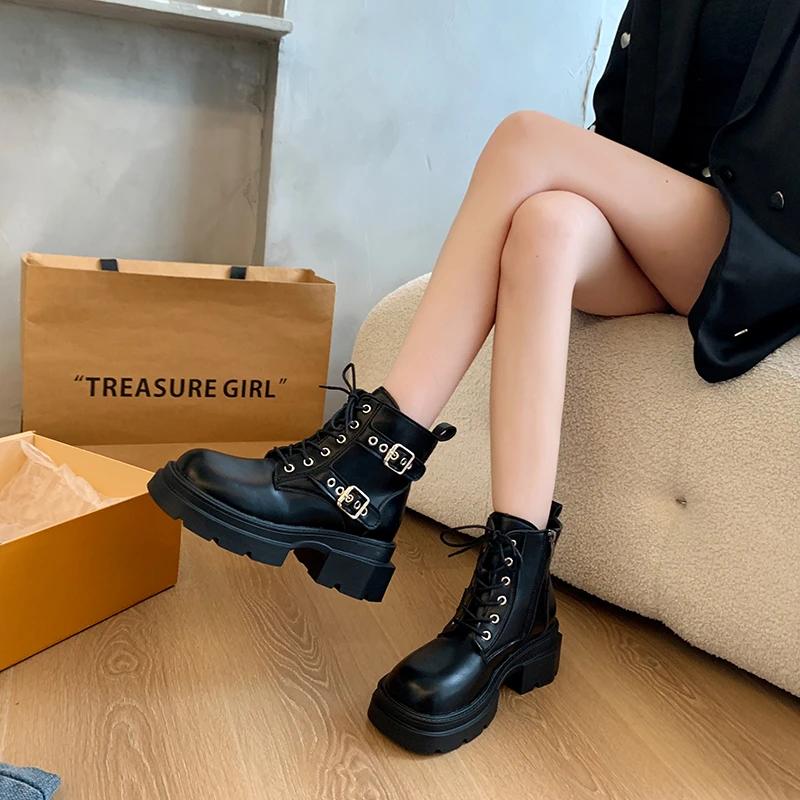 Женская обувь 2024 Высокое качество Боковая молния Женские ботинки Модные Шнуровка спереди Офис и Карьера Новые Ботильоны с пряжкой