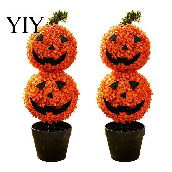 Artificial Pumpkin Topiary Tree Tree, Halloween Face Faux Boxwood Plants with Stake, Weatherproof Garden Lawn Ornaments Fall Autumn Thanksgiving Decor