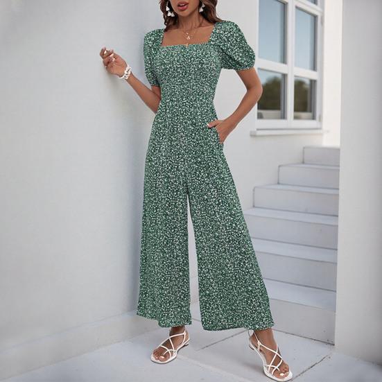 Женский комбинезон с квадратным вырезом и цветочным принтом, короткие рукава, широкие брюки, летний комбинезон