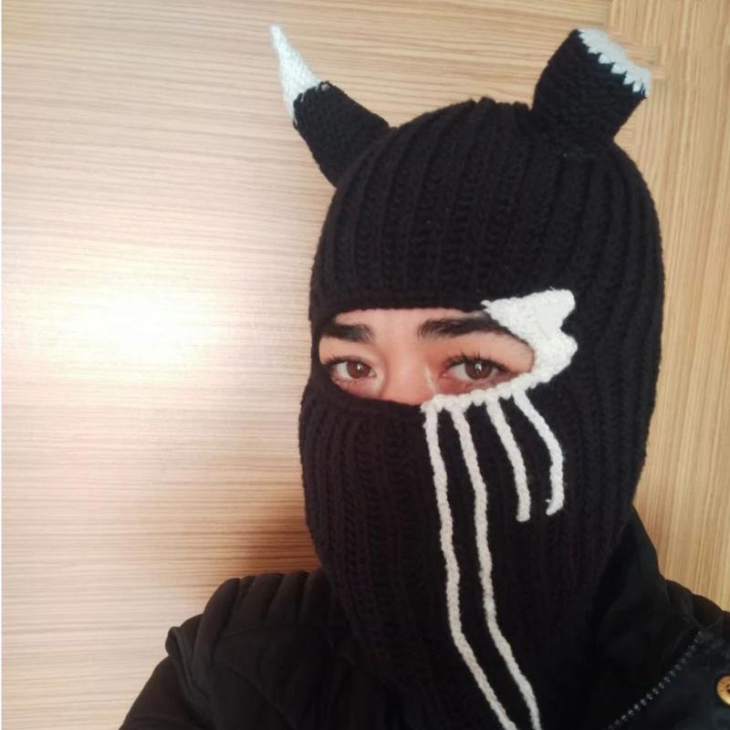 Y2K Style Crochet Halloween Party Cow Horn Parent-Child Ski Mask Hat