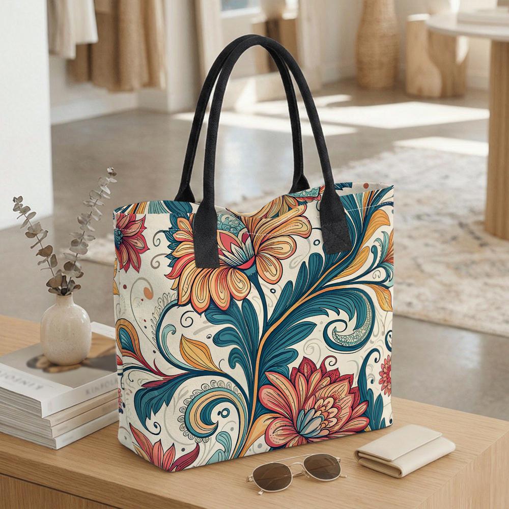 Boho Floral Print Casual Tote Bag Large Capacity Shopping Shoulder Handbag for Women Daily Use