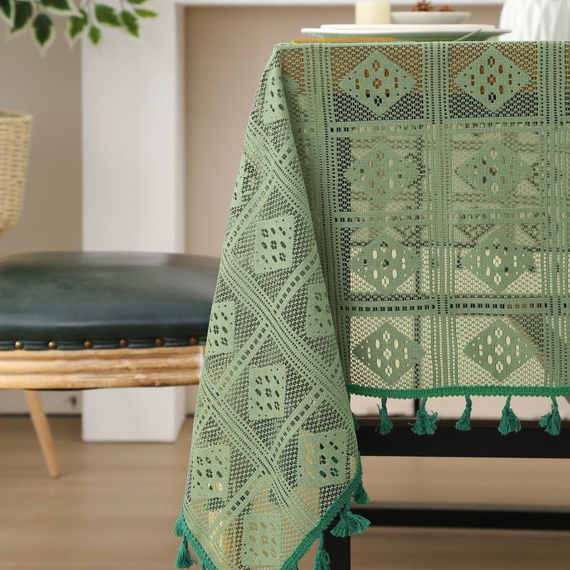 Вязаная скатерть в стиле ретро, ​​кружевная зеленая ажурная скатерть, винтажная вязаная круглая скатерть в американском стиле, кружевной скатерть на стол