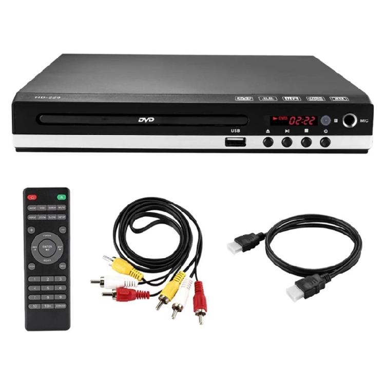 Функциональный DVD-плеер для любого телевизора Подключение через HDMI или видео Предлагает четкость 1080P Доступ к медиа через USB для комнаты в общежитии офиса