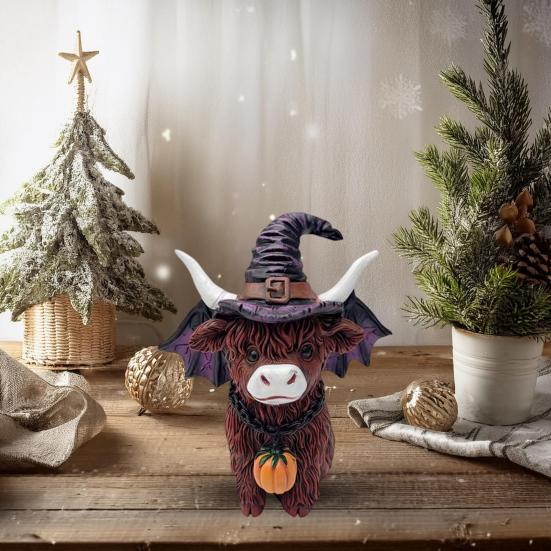 Halloween Highland Cow Resin Figurine Wizard Hat Pumpkin Broom Cattle