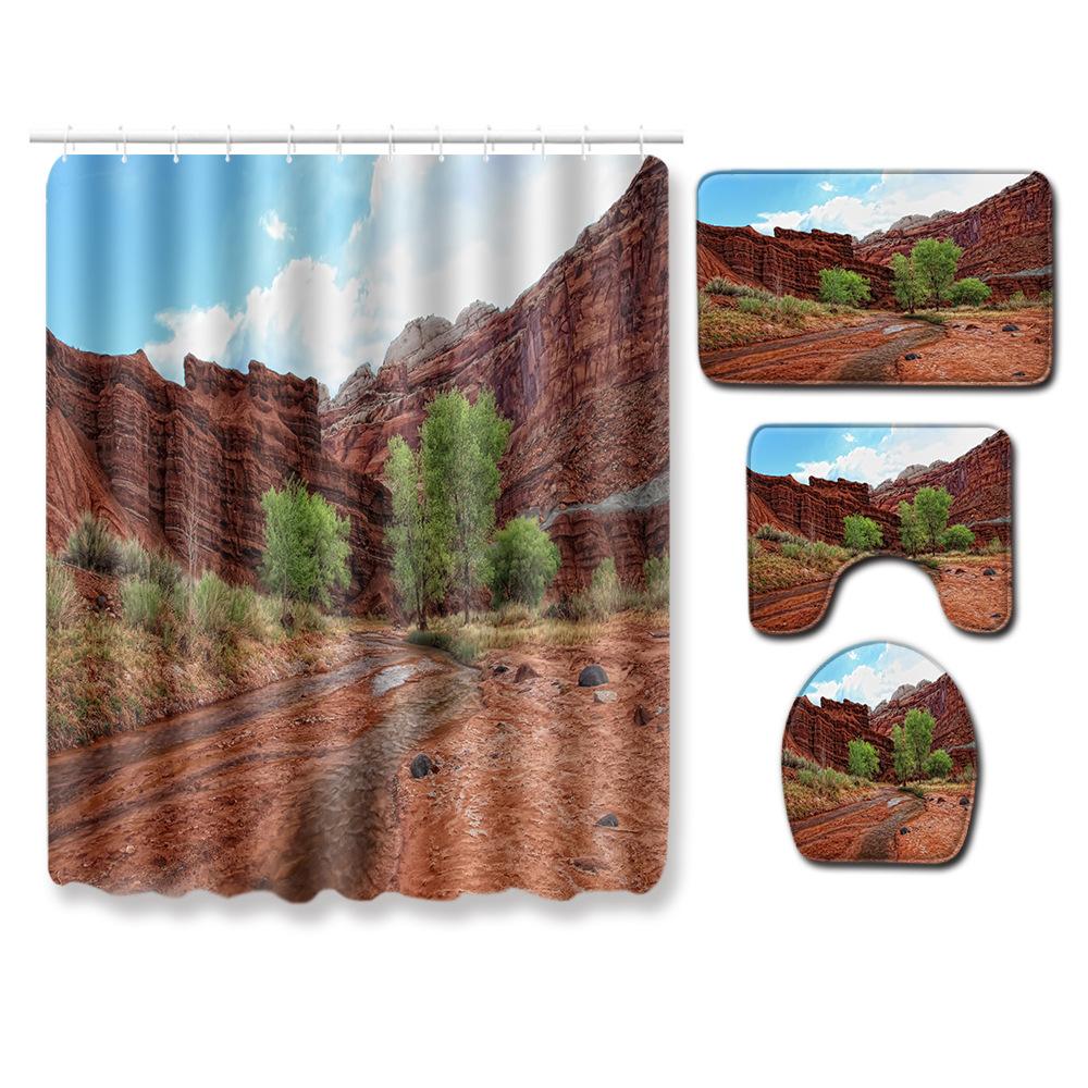 Landscape Shower Curtain Floor Mat Combination Four-Piece Set Bathroom Floor Mat Household Door Mat Bedroom Living Room Carpet