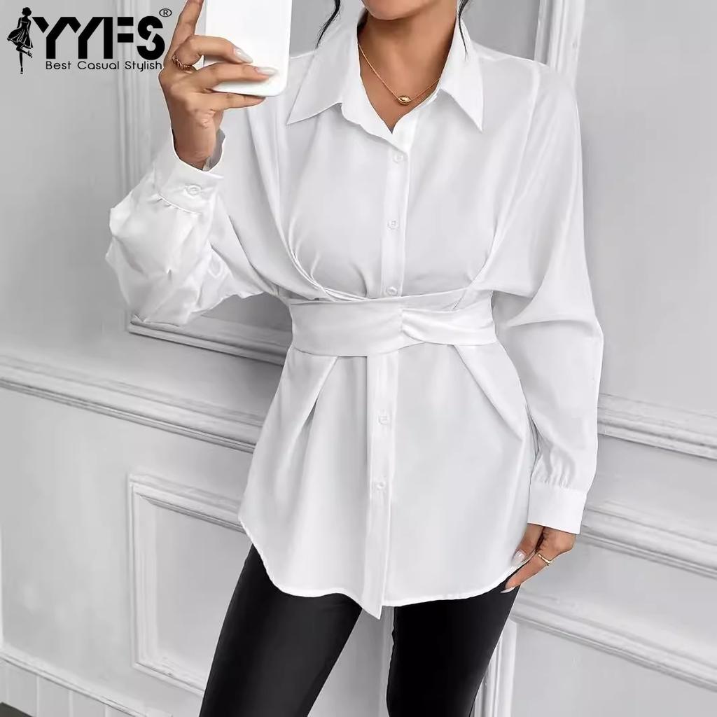 YYFS Women's Fashion Casual Spring Fall Solid Color Print Long Sleeve POLO Neck Blouses & Shirts