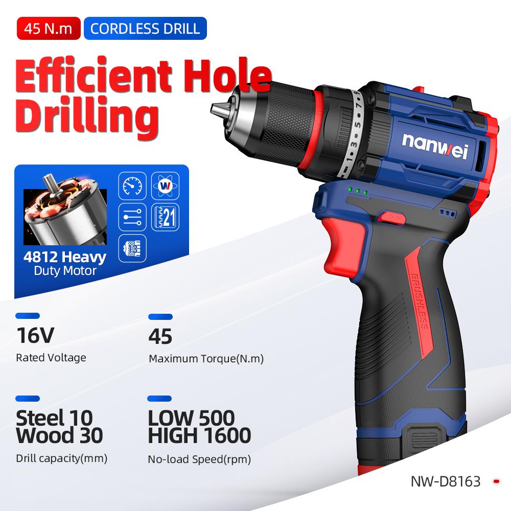 NANWEI 45N Electric Drill 10 Mm with Two-speed Function, 16V, Brushless Motor
