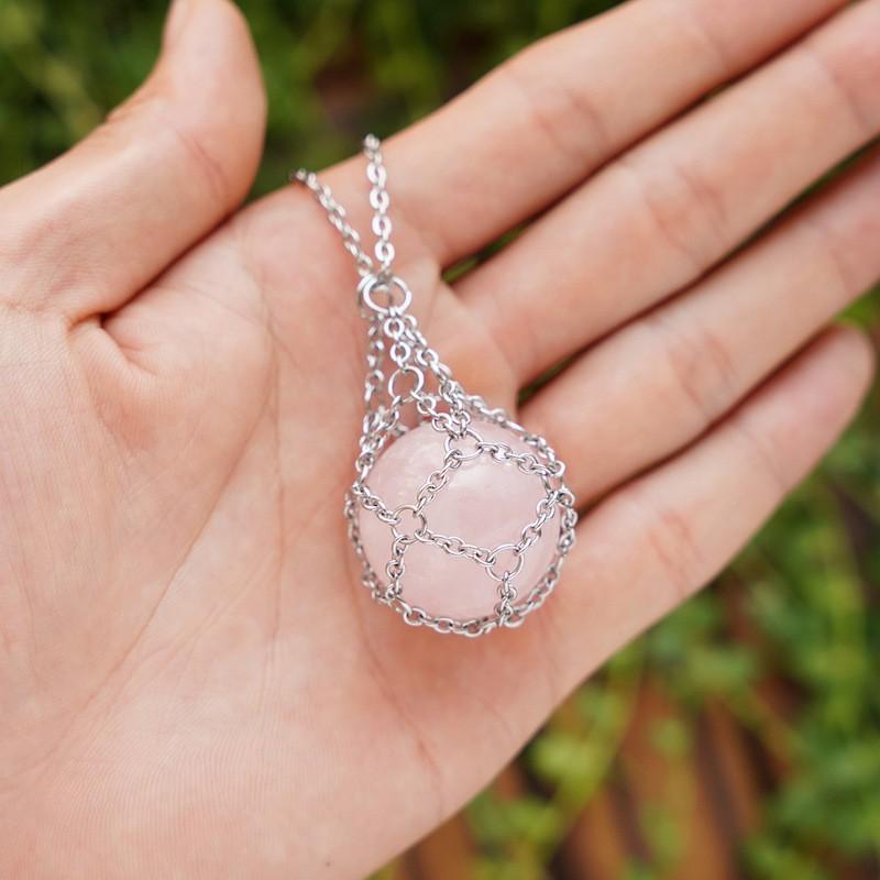 Handmade Crystal Stone Pendant Necklace With Adjustable Metal Chain Mesh Cage Charm Women Men