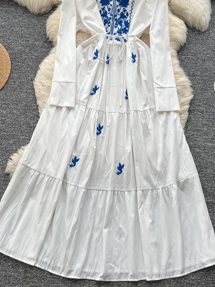 Женское весенне-осеннее платье Ретро Вышитое V-образный вырез Бретели Талия Французское Элегантное Длинный рукав Пышная юбка Длинное платье