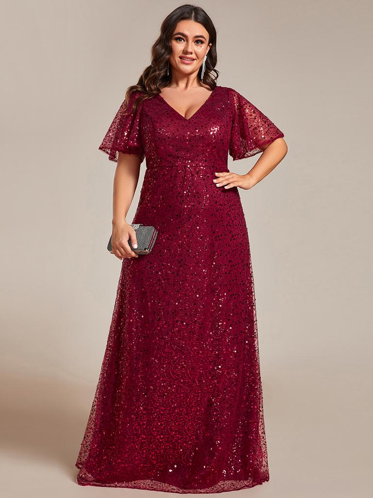 Ever-Pretty Women's Plus Size Shiny Sequin V-Neck A-Line Evening Dresses with Ruffles Sleeves