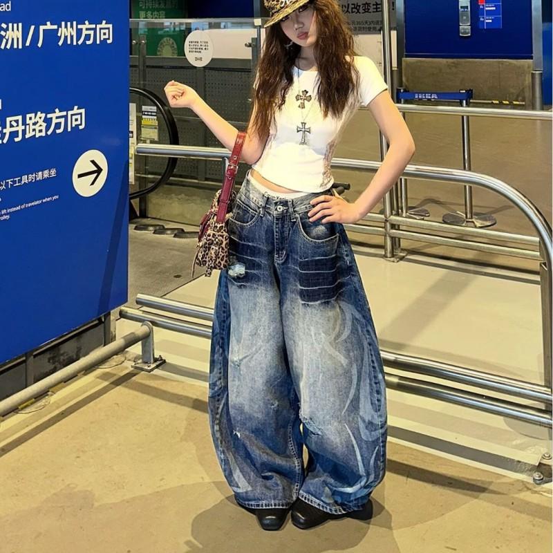 Men Women Classic Washed Distressed Straight Leg Denim Pants Loose Wide Cropped Tapered Fit Fall