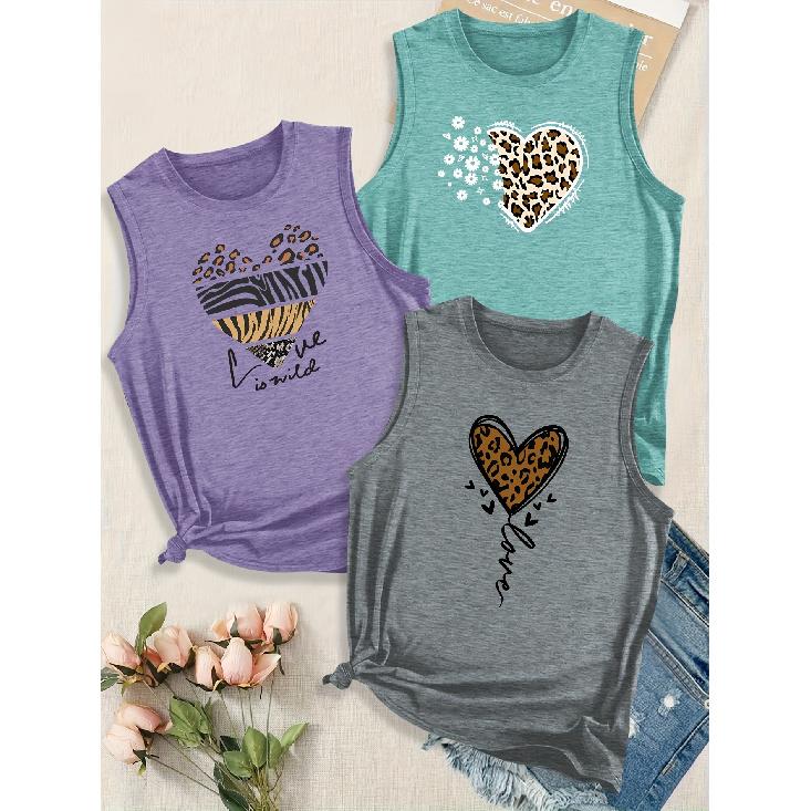 Women's Elegant Leopard Print Love Letter Combination Gift Printed Pattern Round Neck3Sleeveless vest spring/summer women's top