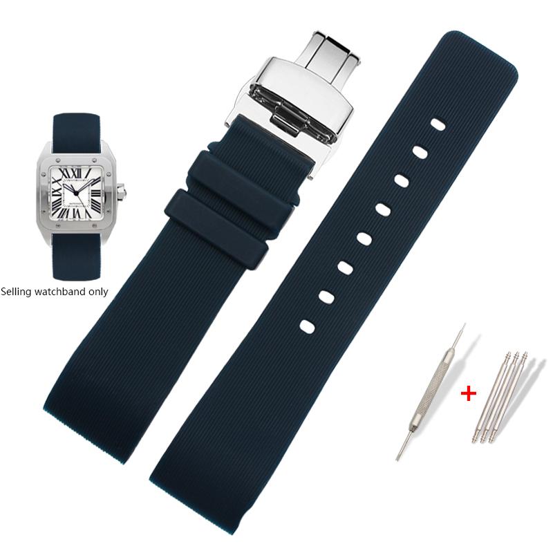 Ремешок для часов Cartier Sandoz Santos 100 W20073X8 W20106X8 W2020008 Силиконовый каучуковый браслет Мужской Женский Черный ремень 20 23 25 мм