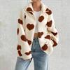 Autumn and Winter Women's Plush Love Printed Loose Long Sleeve Standing Collar Zipper Cardigan Short Jacket