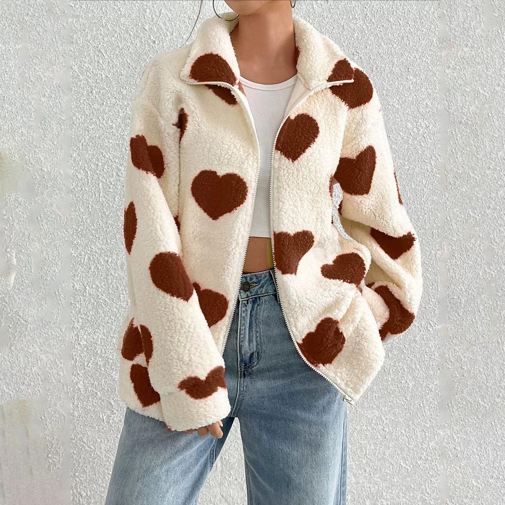 Autumn and Winter Women's Plush Love Printed Loose Long Sleeve Standing Collar Zipper Cardigan Short Jacket