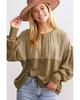 Khaki Ribbed Patchwork Drop Shoulder Buttoned Neckline Blouse