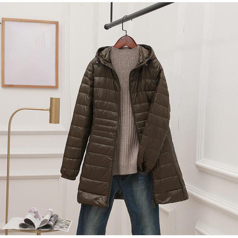 Женский длинный теплый пуховик с портативной сумкой для хранения, женский легкий пуховик, женские пальто длиной до бедра, High Street