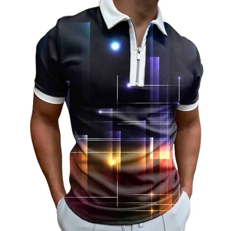 Casual Lapel T-shirt Young Men's Fashion Zipper T-shirt Short Sleeve T-shirt Men's 3D Jumping Notes Print T Shirt