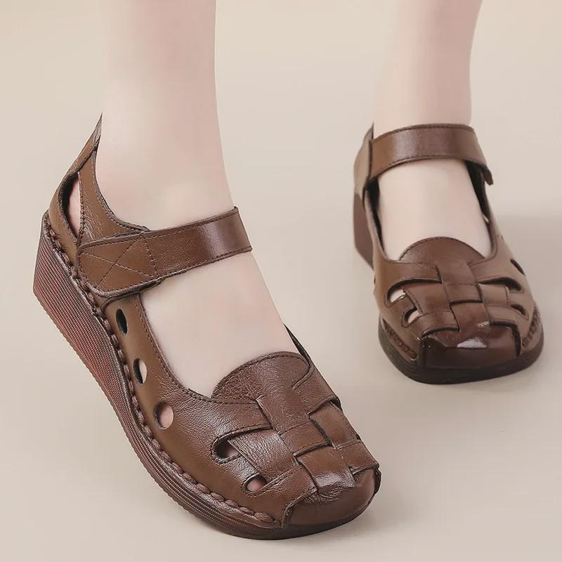 Women's Genuine Leather Thick-Soled Roman Sandals - High-Heel, Breathable, Comfortable for Mothers