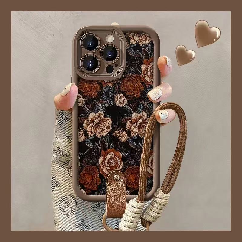 Ретро цветок для чехла мобильного телефона iPhone17pro Apple 15 противоударный 14 ручной ремешок 13promax новый 16x