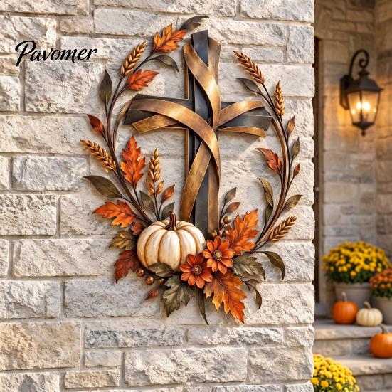 Floral Pumpkin Cross Sign Autumn Harvest Metal Wall Decor, Rustic with Golden Wheat Farmhouse Thanksgiving Door & Fall Leaves, Plaque for Porch Garden