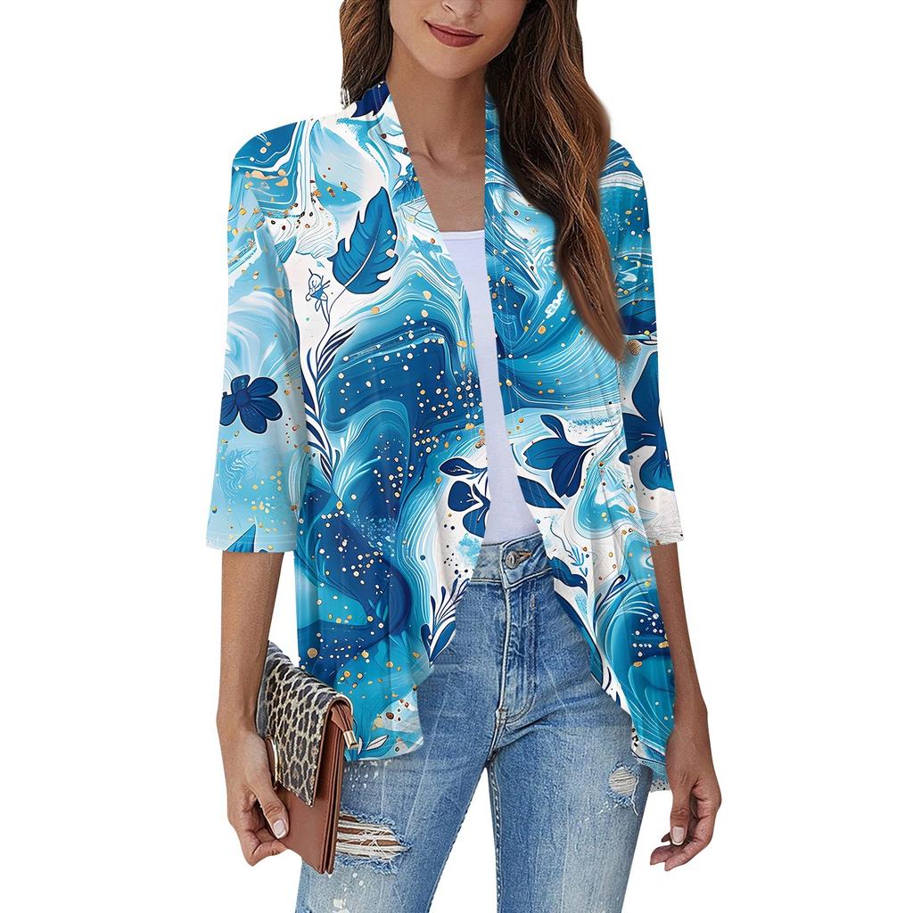 Women'S Casual Daily Cropped Sleeve Printed Shirt Top Soft Drape Ruffle Cardigan