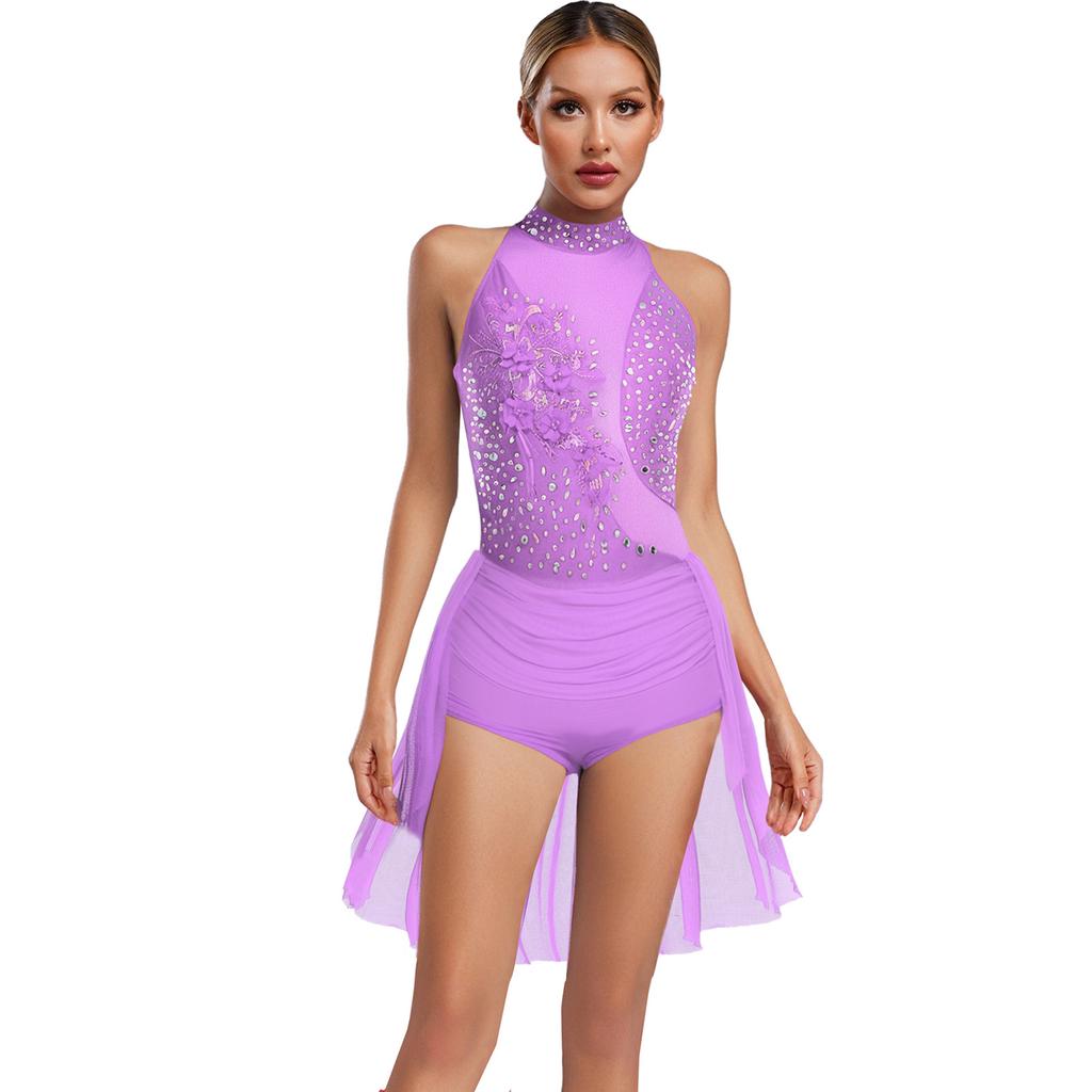 Womens Sparkly Latin Dance Wear Rhinestone Applique Sleeveless Back Hollow Skirted Leotard Gymnastics Bodysuit