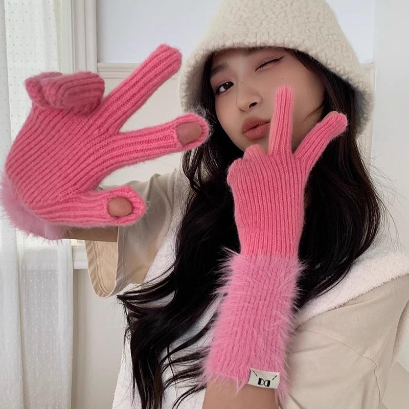 Осень и Зима Дофаминовый Однотонный Теплый Вязаный Варежки с Пятью Пальцами - Универсальные, Милые, Длинный Велосипедный Рукав для Девочек