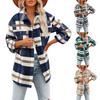 Women's Brushed Plaid Shirts Long Sleeve Flannel Lapel Button Down Pocketed Shacket Jacket Coats