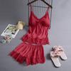 Women V-Neck Eyelash Silk Lace Sexy Stain Camisole Pajamas Bowknot Shorts Set