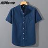 Летняя новая мужская рубашка, повседневная, хлопковая, льняная, с коротким рукавом, однотонная рубашка с воротником-стойкой и карманом, дышащая, простая мужская одежда