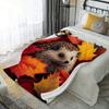 A Cozy And Warm Autumn Decoration Featuring a Hedgehog And Maple Leaves Flannel Blanket, Made of Soft Polyester with Digital Printing, Suita