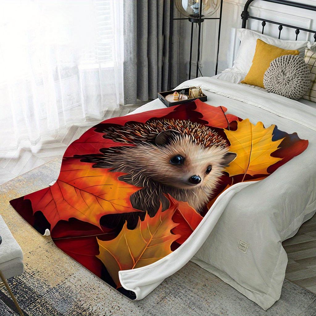 A Cozy And Warm Autumn Decoration Featuring a Hedgehog And Maple Leaves Flannel Blanket, Made of Soft Polyester with Digital Printing, Suita