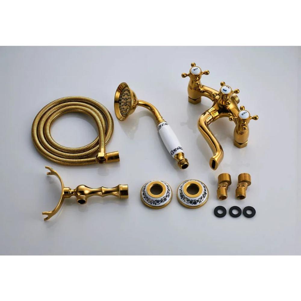 Латунный смеситель для душа в стиле ретро, ​​набор смесителей для душа с двумя ручками, настенный смеситель для ванны с ручным душем и поворотным изливом для ванны
