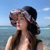 Women Summer Hat Windproof Strap Printed Large Brim Foldable Anti-UV Sun Protection Fisherman Cap Outdoor Sun Hat