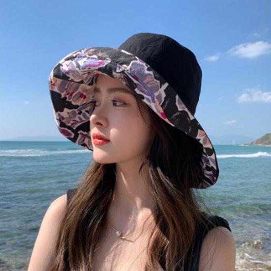 Women Summer Hat Windproof Strap Printed Large Brim Foldable Anti-UV Sun Protection Fisherman Cap Outdoor Sun Hat