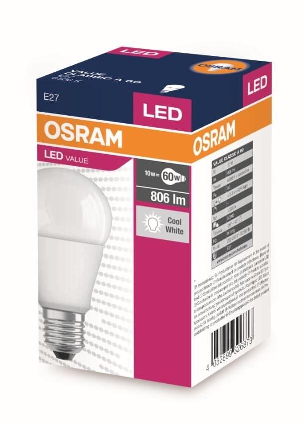 LED bulb VALUE E27 8.5W=60W 6500K 806lm 865 A60 230V matte
