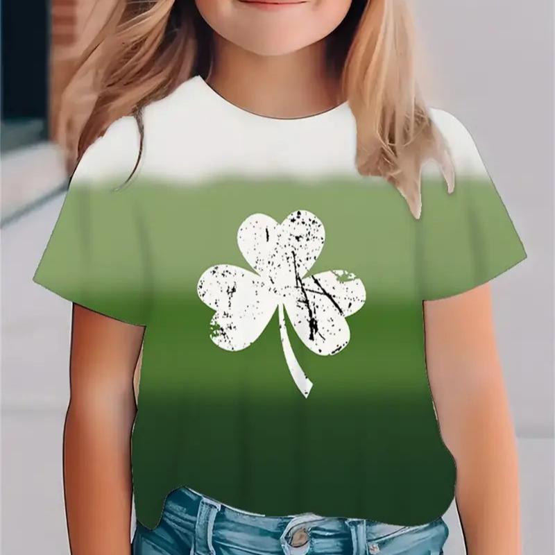 Детская футболка с 3D-принтом, новая минималистичная футболка с круглым вырезом и короткими рукавами с небольшим свежим клеверным узором для девочек