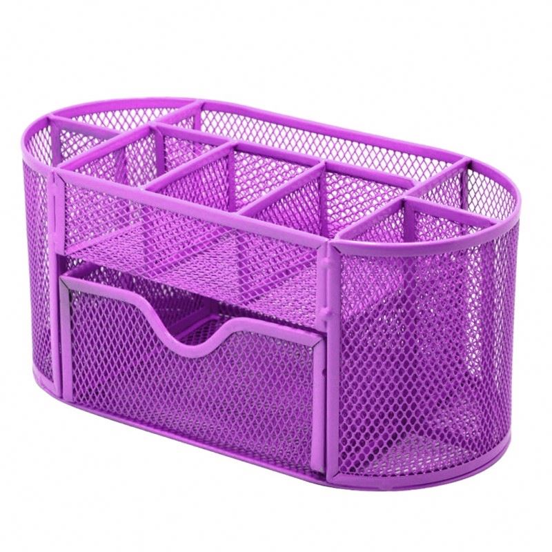 Metal Desk Organizers Office Supplies Pencil Holder Sliding Drawer Mesh Desktop Organizer with 6 Compartments