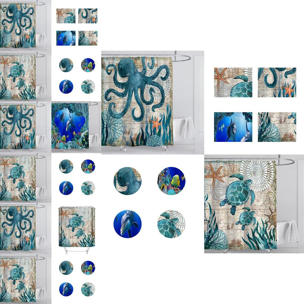 Экологичная шторка для душа с морской черепахой и осьминогом, изготовленная из мягкого полиэфирного волокна и оснащенная крючками для легкой установки
