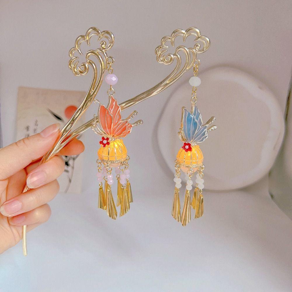 LED Light LED Lantern Tassel Hair Stick Pearl Hanfu Hair Clip Antique Butterfly Hairpin Women
